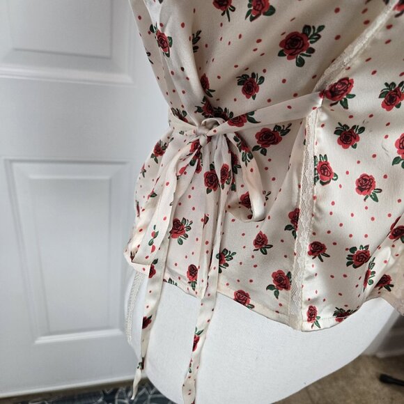 Free People Field Of Roses Satin Lace Top XS Cream Red Coquette Peasant NWT - Picture 14 of 16